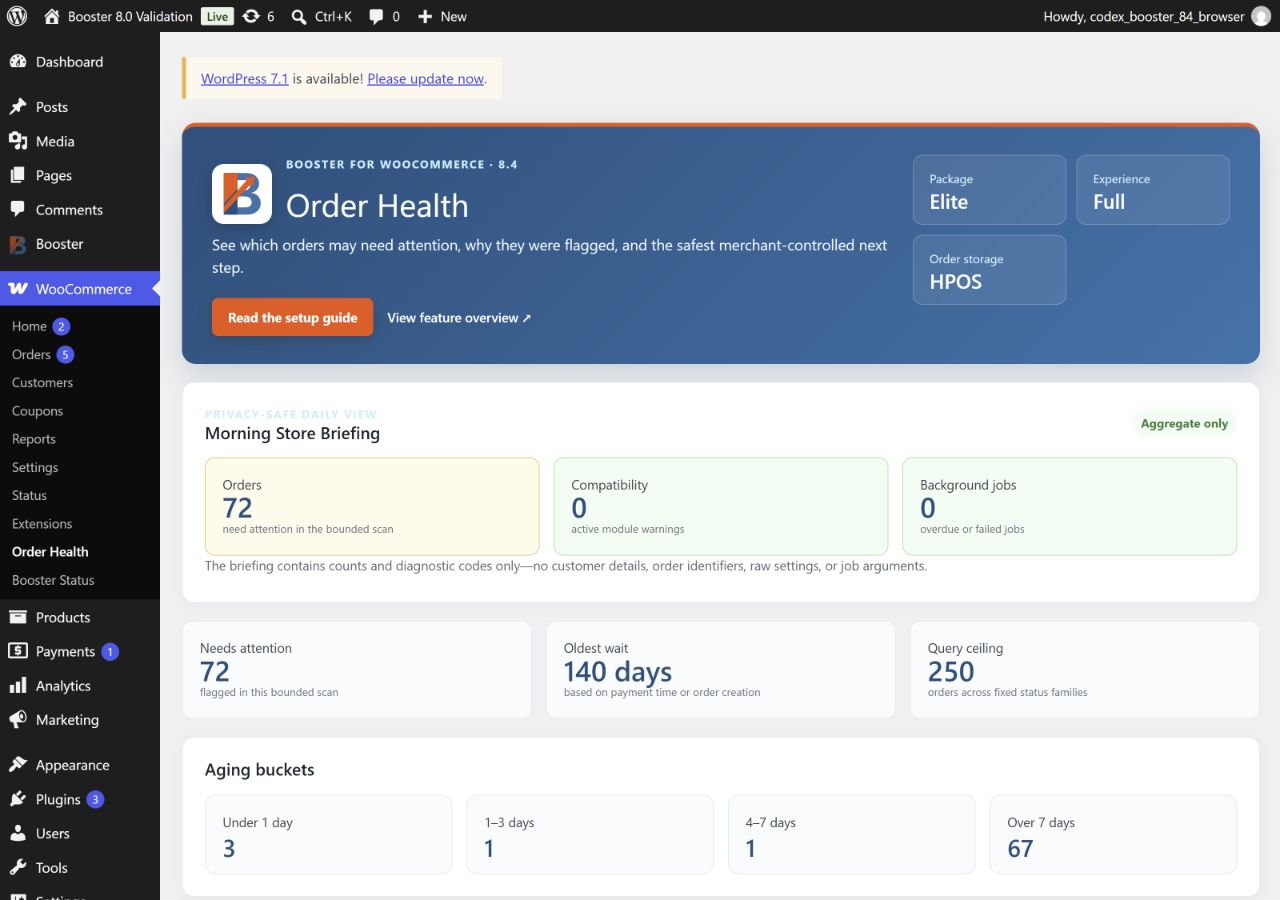 Booster Elite 8.4 Order Health Full dashboard with filters and Morning Store Briefing in Booster blue and orange