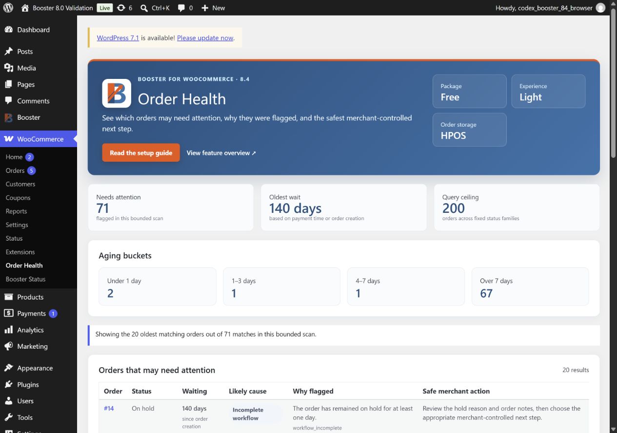 Booster Free 8.4 Order Health Light dashboard with aging, core delay reasons, and safe actions