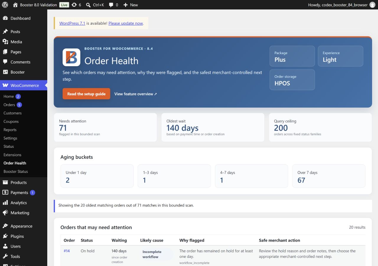 Booster Plus 8.4 Order Health Light dashboard in Booster blue and orange