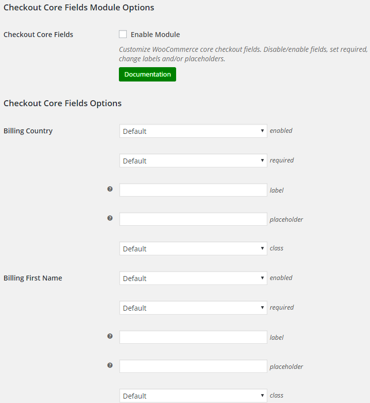 WooCommerce Checkout Core Fields - Admin Settings