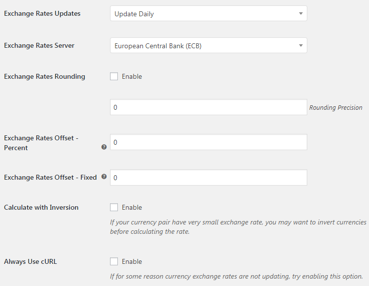 WooCommerce Currency Exchange Rates - Admin Settings - General Options