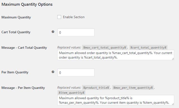 WooCommerce Order Min Max Quantities - Admin Settings - Maximum Quantity Options
