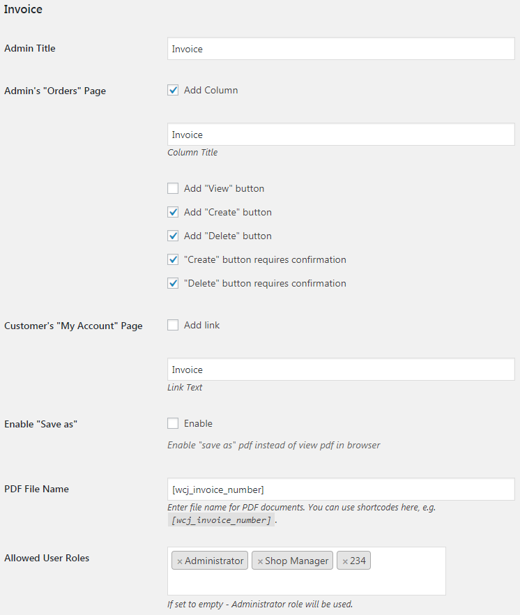 WooCommerce PDF Invoicing and Packing Slips - Admin Settings - Display and Misc