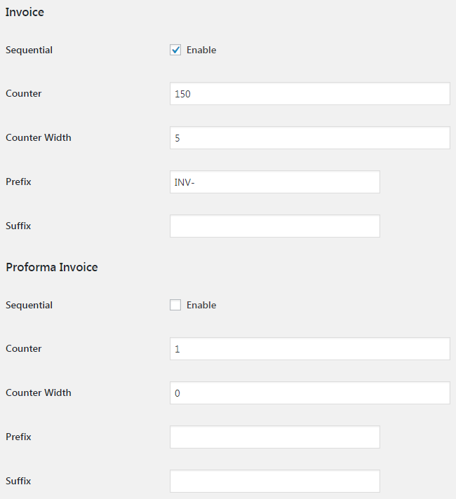 WooCommerce PDF Invoicing and Packing Slips - Admin Settings - Numbering