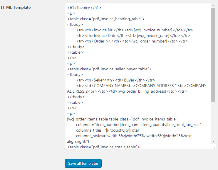 WooCommerce PDF Invoicing and Packing Slips - Admin Settings - Templates