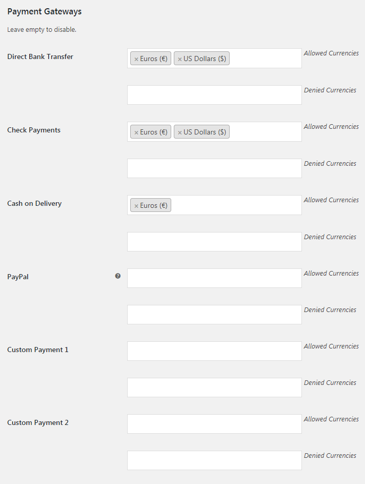 WooCommerce Payment Gateways by Currency - Admin Settings