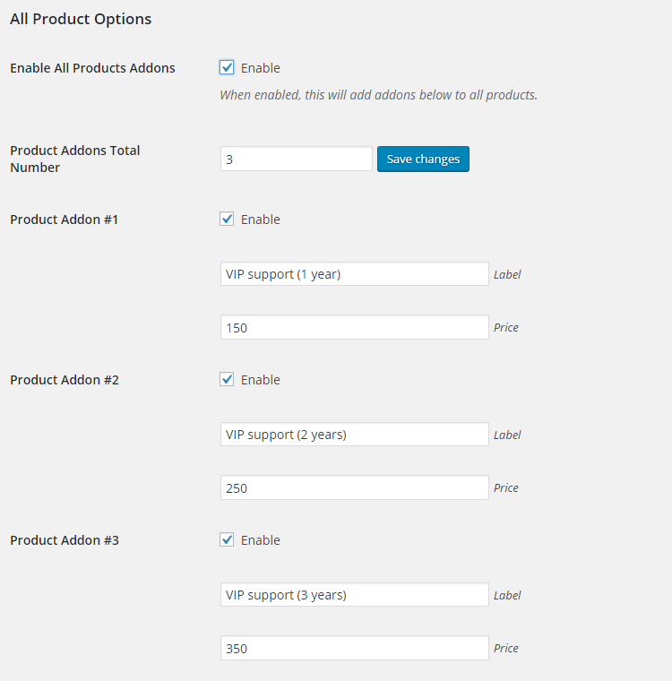 WooCommerce Product Addons Admin Settings All Product Options