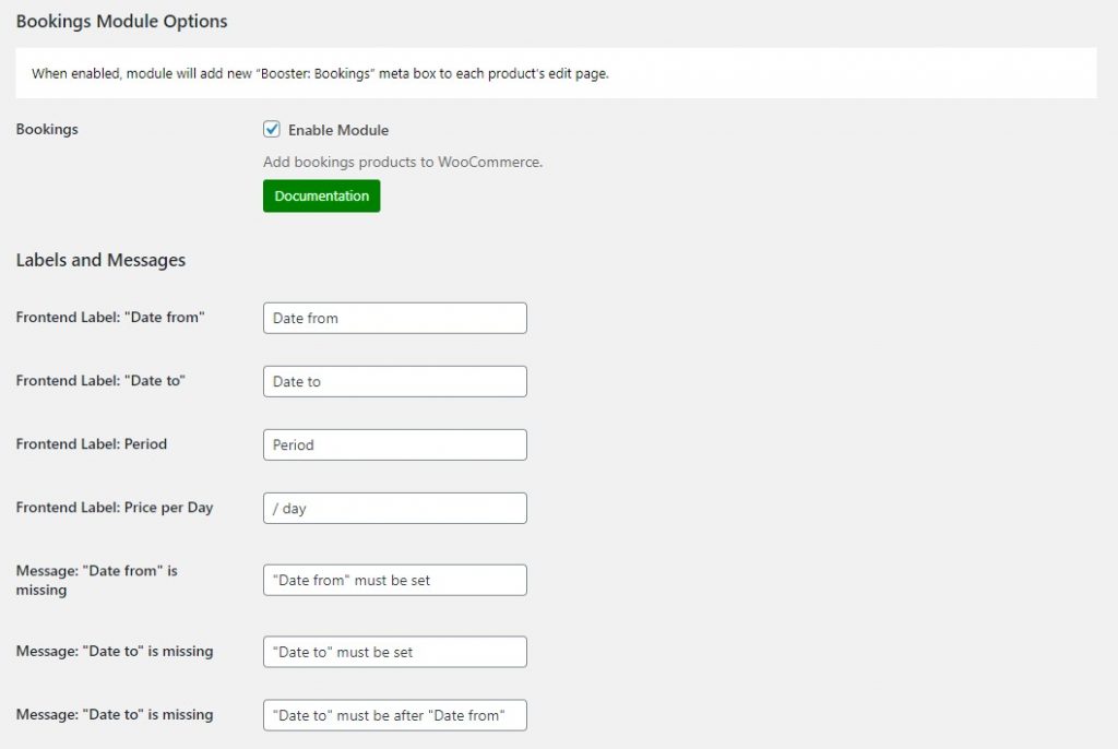 Bookings module settings