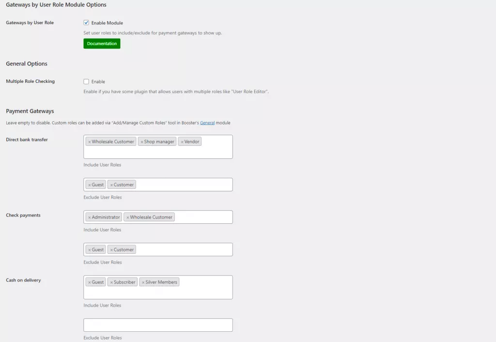 Payment Gateways by User Role module settings