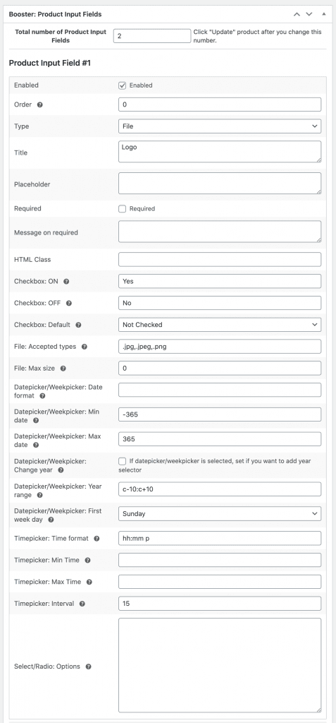 Product input field configuration
