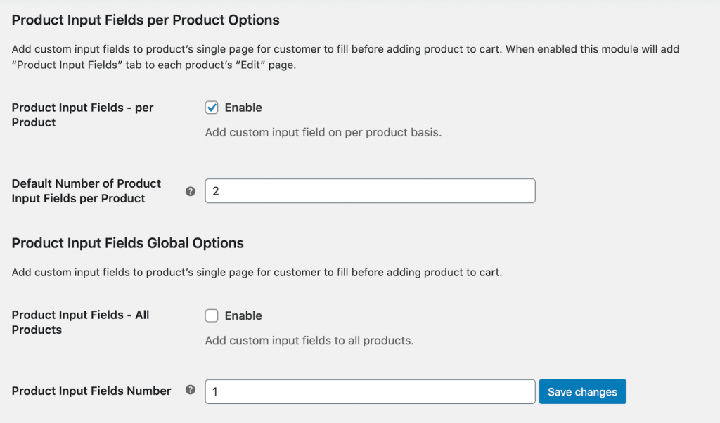 Product input fields settings