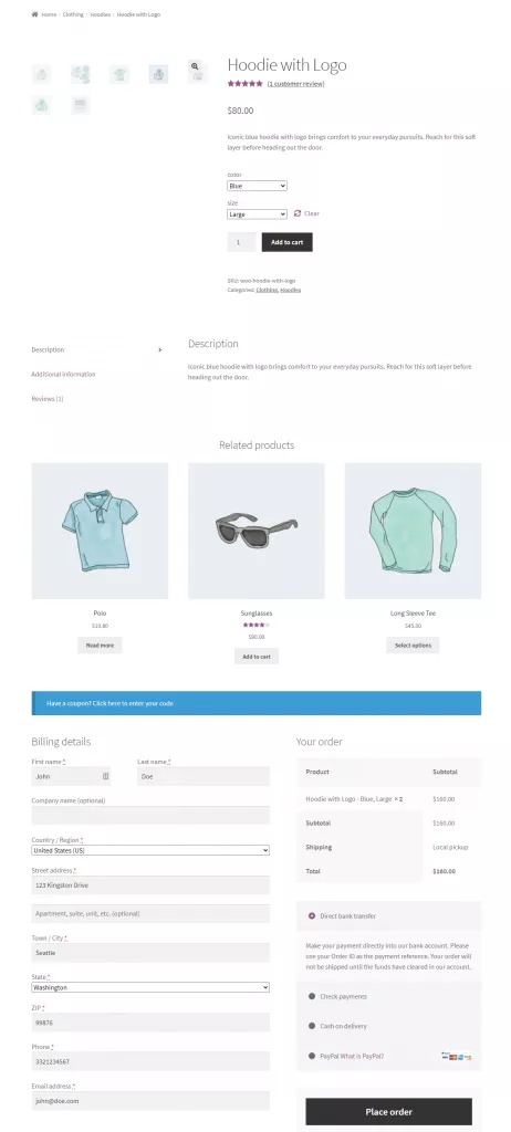 One page checkout preview on the single product page